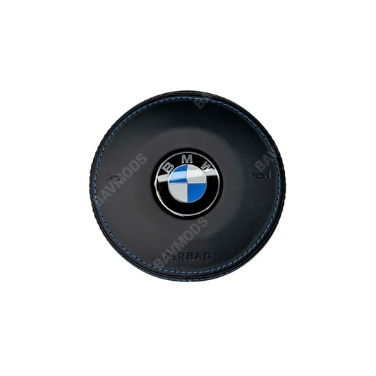 Custom BMW 2 3 4 5 Series M-Sport Steering Wheel Black Leather Airbag Cover | Black Leather with Ocean Blue Stitching | F30 F32 F34 F22 F80 M3 F82 M4 F87 M2