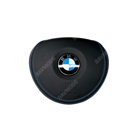 Custom BMW 1 & 3 Series Sport Steering Wheel Black Leather Airbag Cover | Black Leather with Ocean Blue Stitching | E90 E91 E92 E93 E81 E82 E87 E88